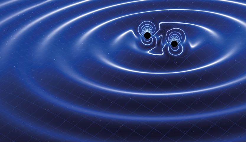 Birbiri etrafında dönen iki cismin oluşturduğu kütleçekim dalgaları uzayzamanı dalgalandırıyor.